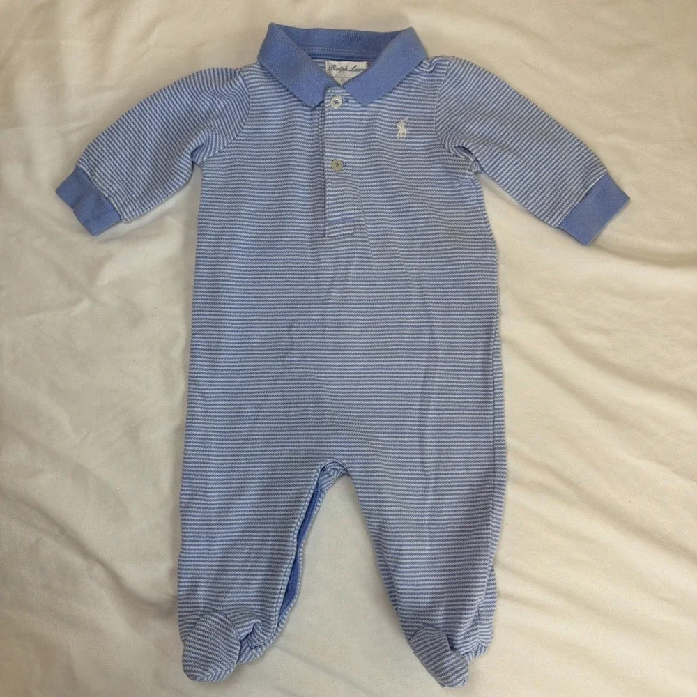 Ralph Lauren Romper Boy's Size 6 Months White And Blue Striped